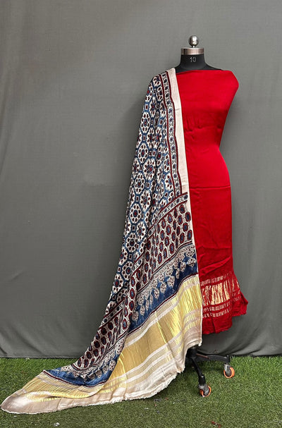 Unstitched Modal Silk Suit Set with Lagdi Patta Kurta & Hand Block Ajrak Dupatta
