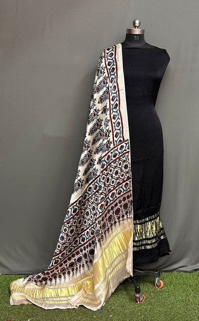 Unstitched Modal Silk Suit Set with Lagdi Patta Kurta & Hand Block Ajrak Dupatta