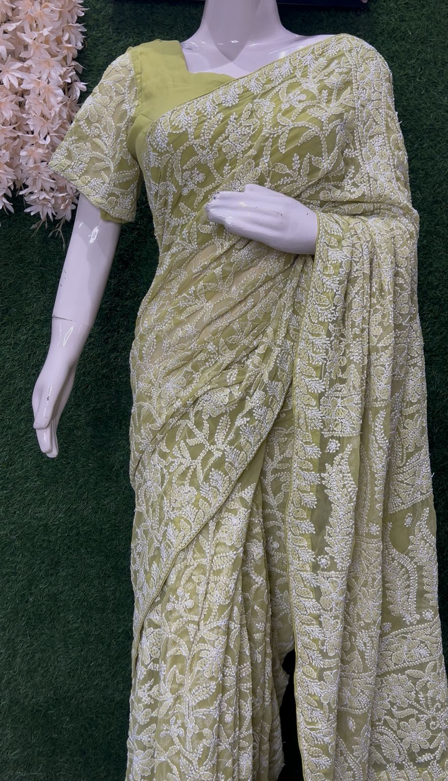 Georgette Lucknowi Chikankari Full Jaal Ready-to-Wear Saree with Blouse