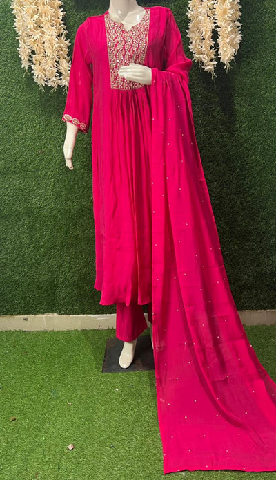 A-Line Kurta Set with Pant & Dupatta Featuring Cutdana and Sequin Hand Embroidery