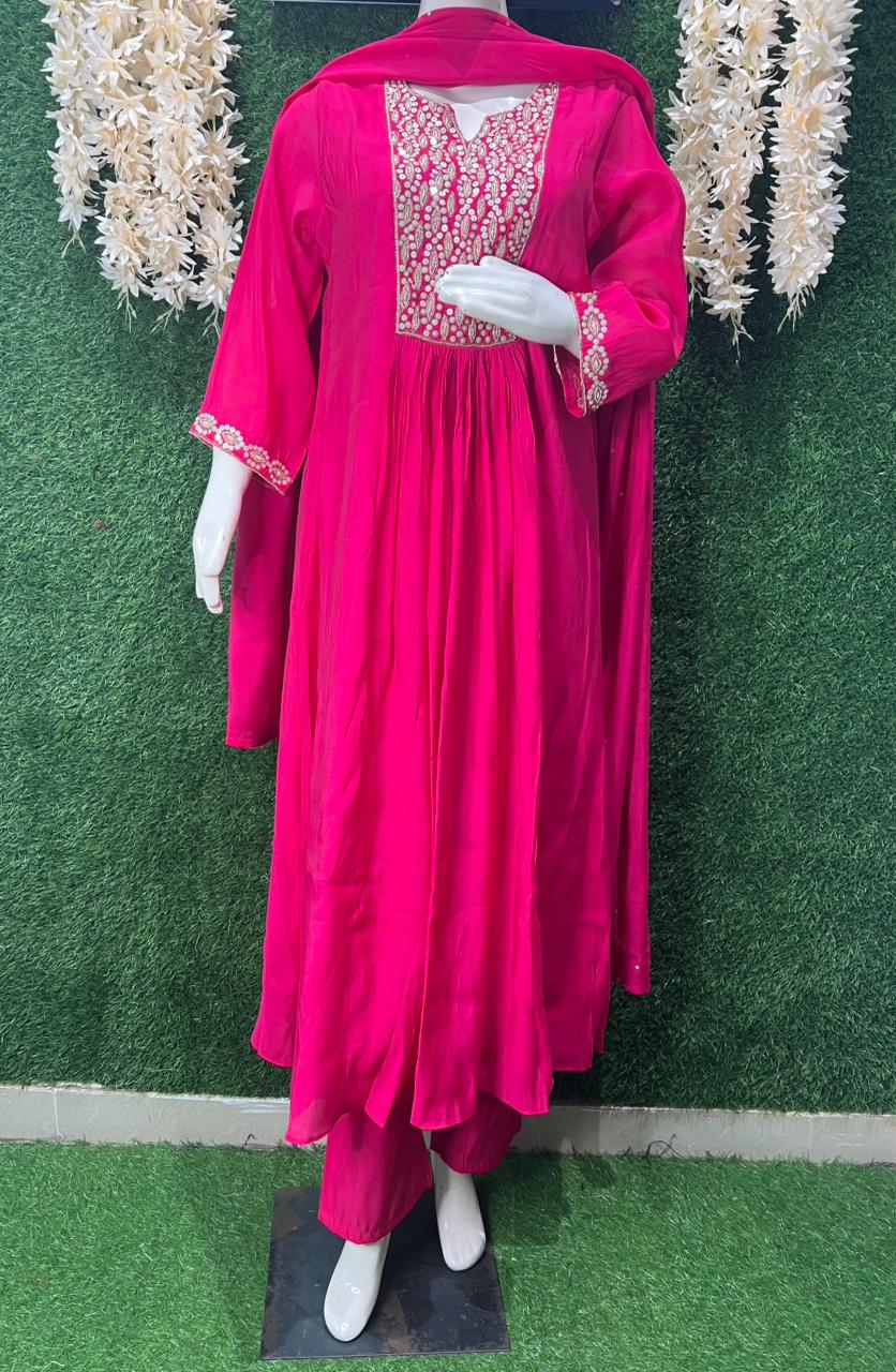 A-Line Kurta Set with Pant & Dupatta Featuring Cutdana and Sequin Hand Embroidery