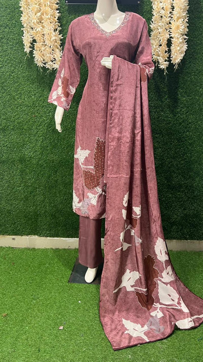 Brown Digital Printed Crepe Suit Set with Elegant Handwork