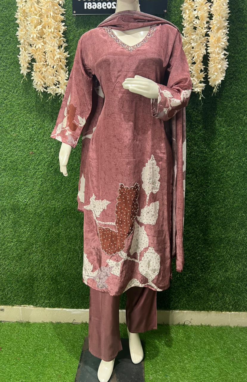 Brown Digital Printed Crepe Suit Set with Elegant Handwork
