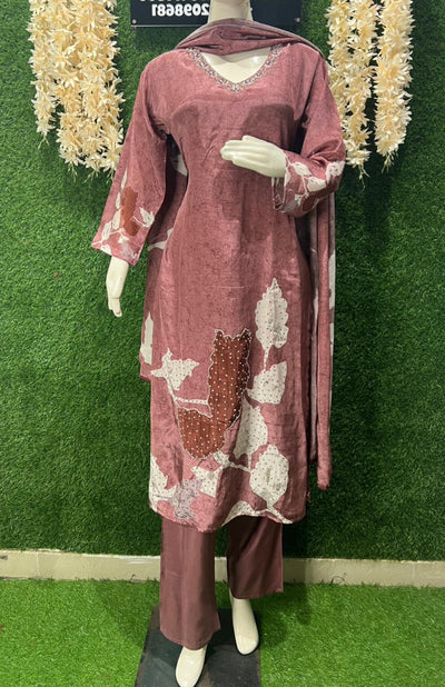 Brown Digital Printed Crepe Suit Set with Elegant Handwork