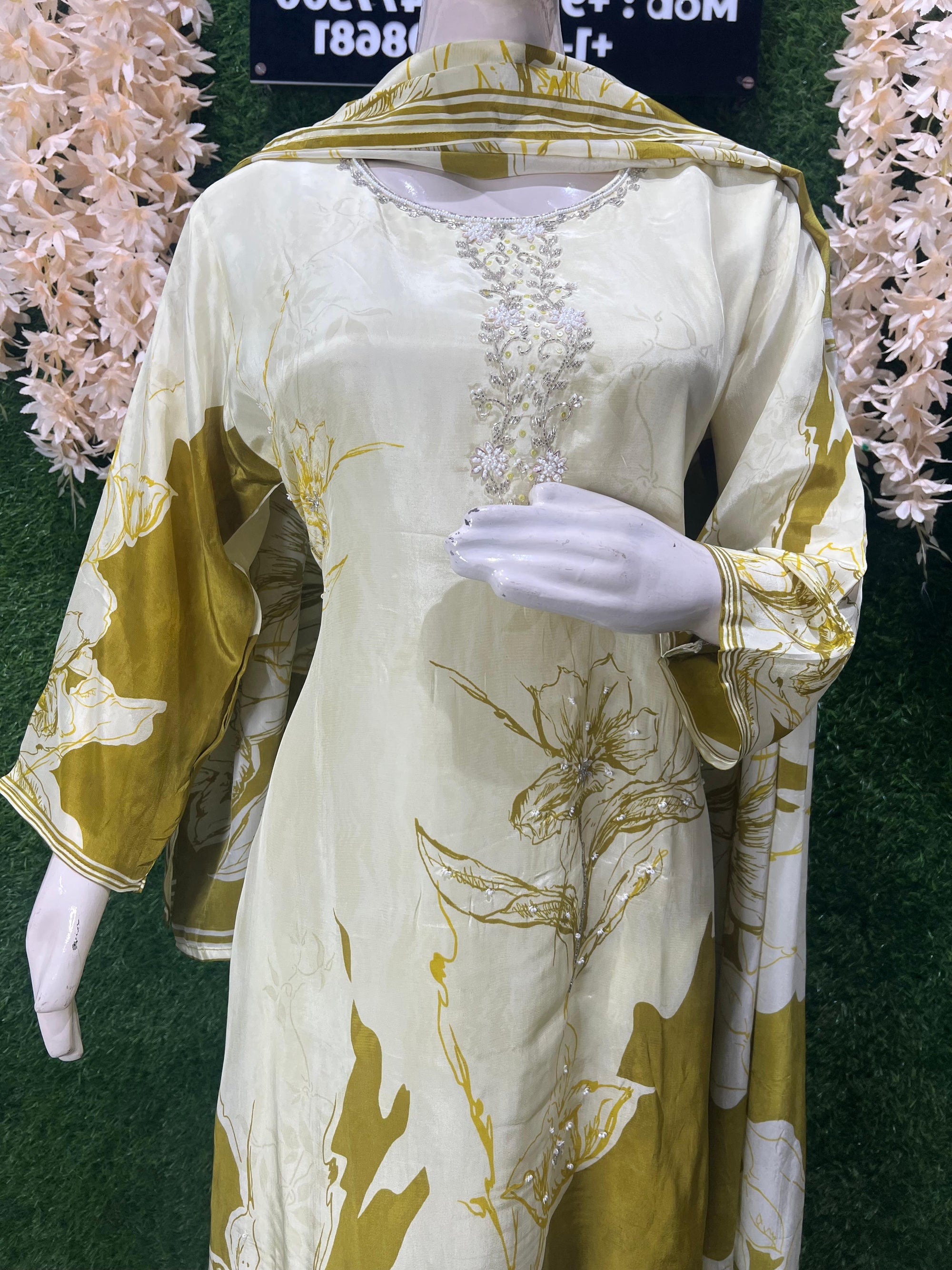 Party Wear Crepe Suit Set with Cutdana & Pearl Hand Embroidery on Neckline