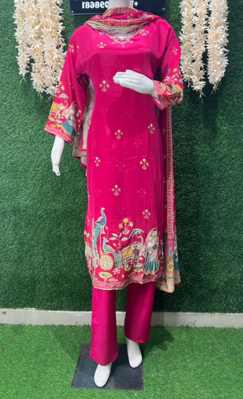 Crepe Kurti Suit Set with Handwork & Traditional Digital Print Dupatta