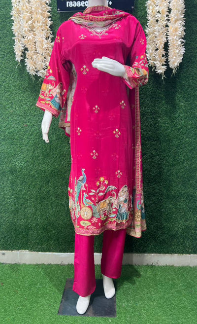 Crepe Kurti Suit Set with Handwork & Traditional Digital Print Dupatta
