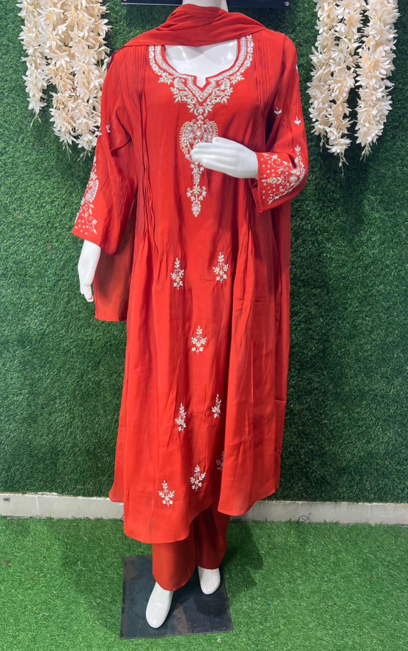 Mul Chanderi Hand-Embroidered A-Line Kurta Set with Pant & Dupatta