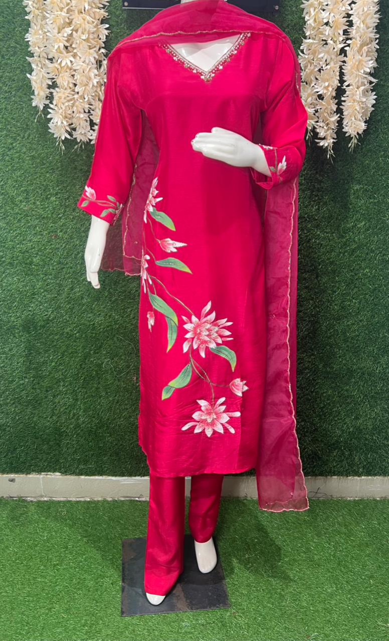 Hand Printed Silk Kurta with Cutdana, Sequin, Pearl & Thread Work