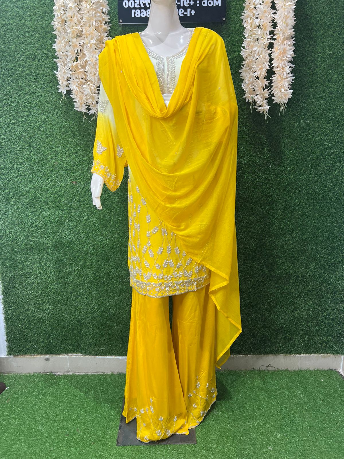 Ombré Crepe Kurta Sharara Suit Set with Sequin & Cutdana Hand Embroidery