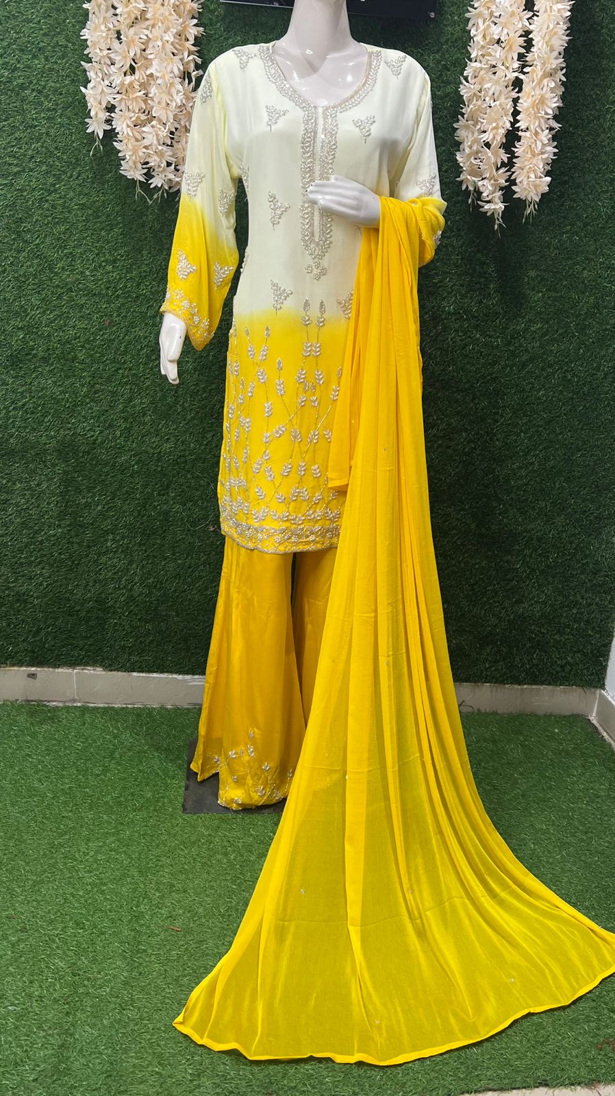 Ombré Crepe Kurta Sharara Suit Set with Sequin & Cutdana Hand Embroidery