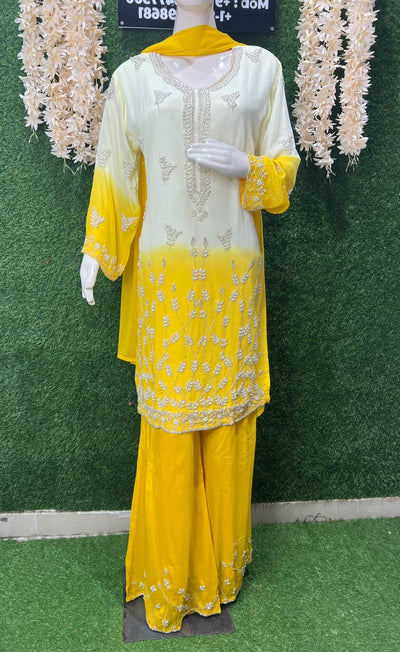 Ombré Crepe Kurta Sharara Suit Set with Sequin & Cutdana Hand Embroidery