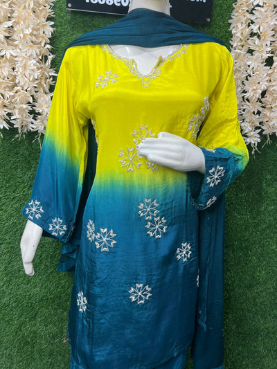 Yellow & Teal Blue Ombre Farshi Suit Set with Cutdana & Pearl Hand Embroidery and Chiffon Dupatta