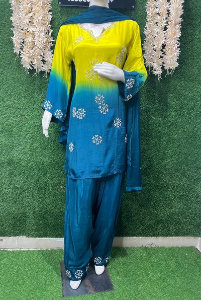 Yellow & Teal Blue Ombre Farshi Suit Set with Cutdana & Pearl Hand Embroidery and Chiffon Dupatta