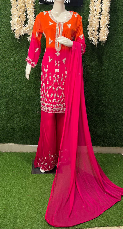 Ombré Crepe Kurta Sharara Suit Set with Sequin & Cutdana Hand Embroidery