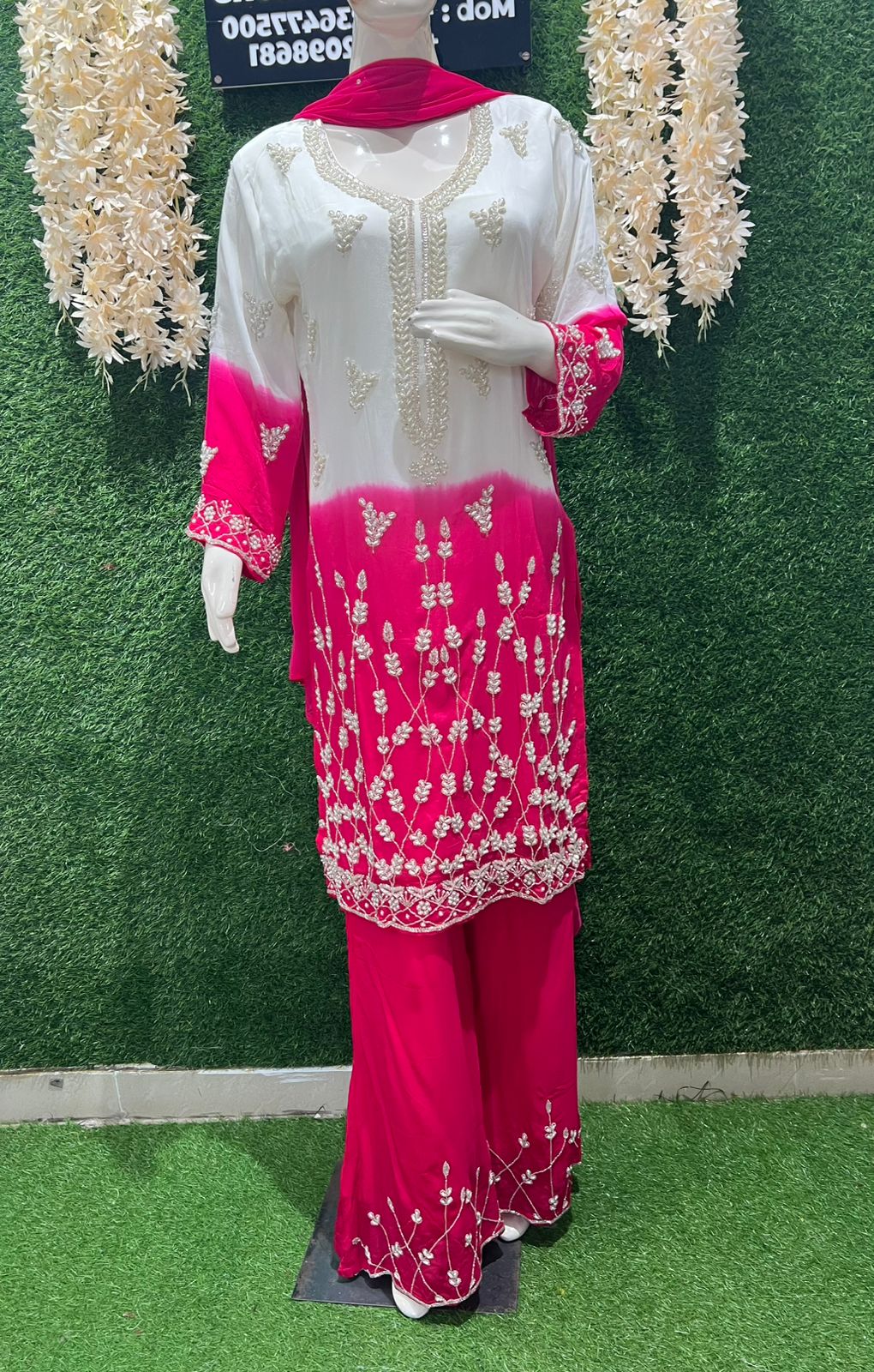 Ombré Crepe Kurta Sharara Suit Set with Sequin & Cutdana Hand Embroidery