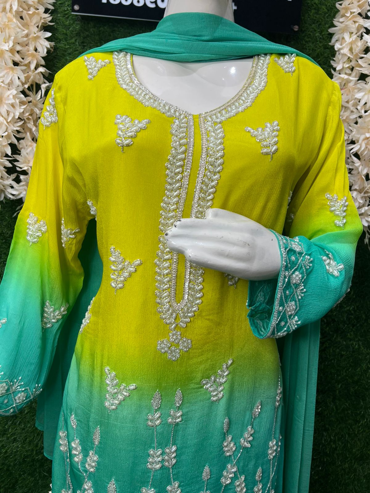 Ombré Crepe Kurta Sharara Suit Set with Sequin & Cutdana Hand Embroidery