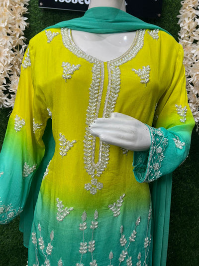 Ombré Crepe Kurta Sharara Suit Set with Sequin & Cutdana Hand Embroidery