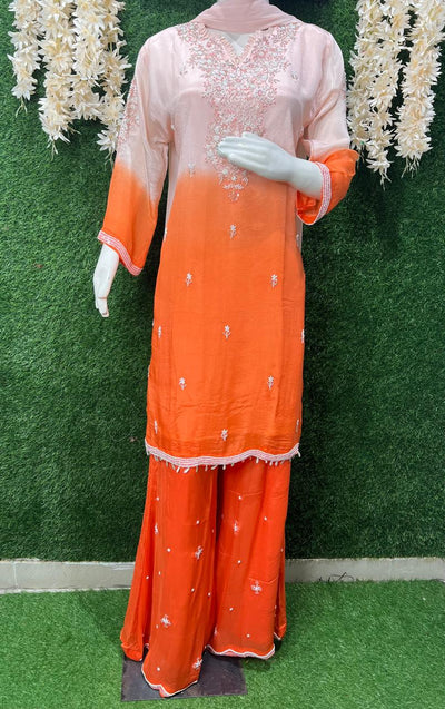 Ombré Chinon Kurta & Sharara Suit Set with Hand-Embroidered Sequin, Pearl & Cutdana Work and Chiffon Dupatta