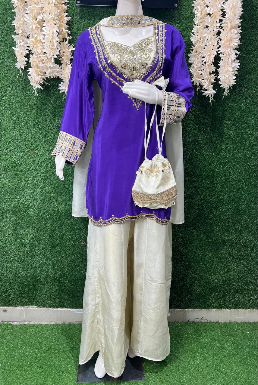 Purple & Gold Natural Crepe Suit Set with Hand Mirror Embroidery, Tissue Shimmer Palazzo, Choker Dupatta & Potli Bag