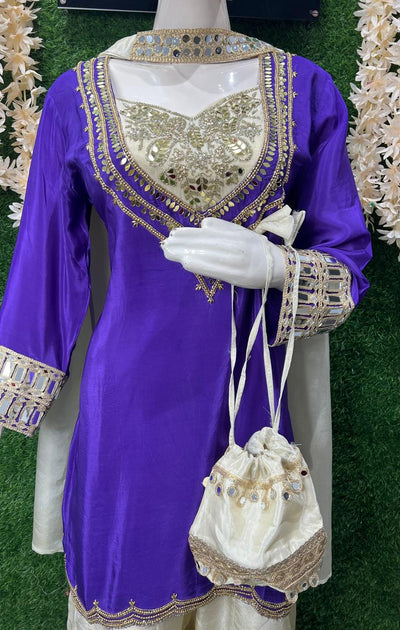 Purple & Gold Natural Crepe Suit Set with Hand Mirror Embroidery, Tissue Shimmer Palazzo, Choker Dupatta & Potli Bag