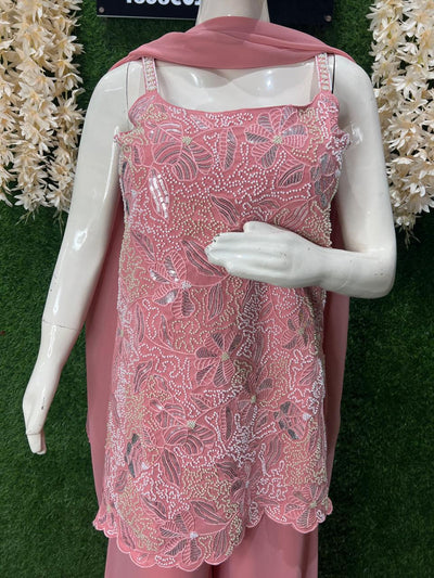 Pink Embroidery Strappy Kurti Palazzo Suit Set with Pearl & Sequin Work