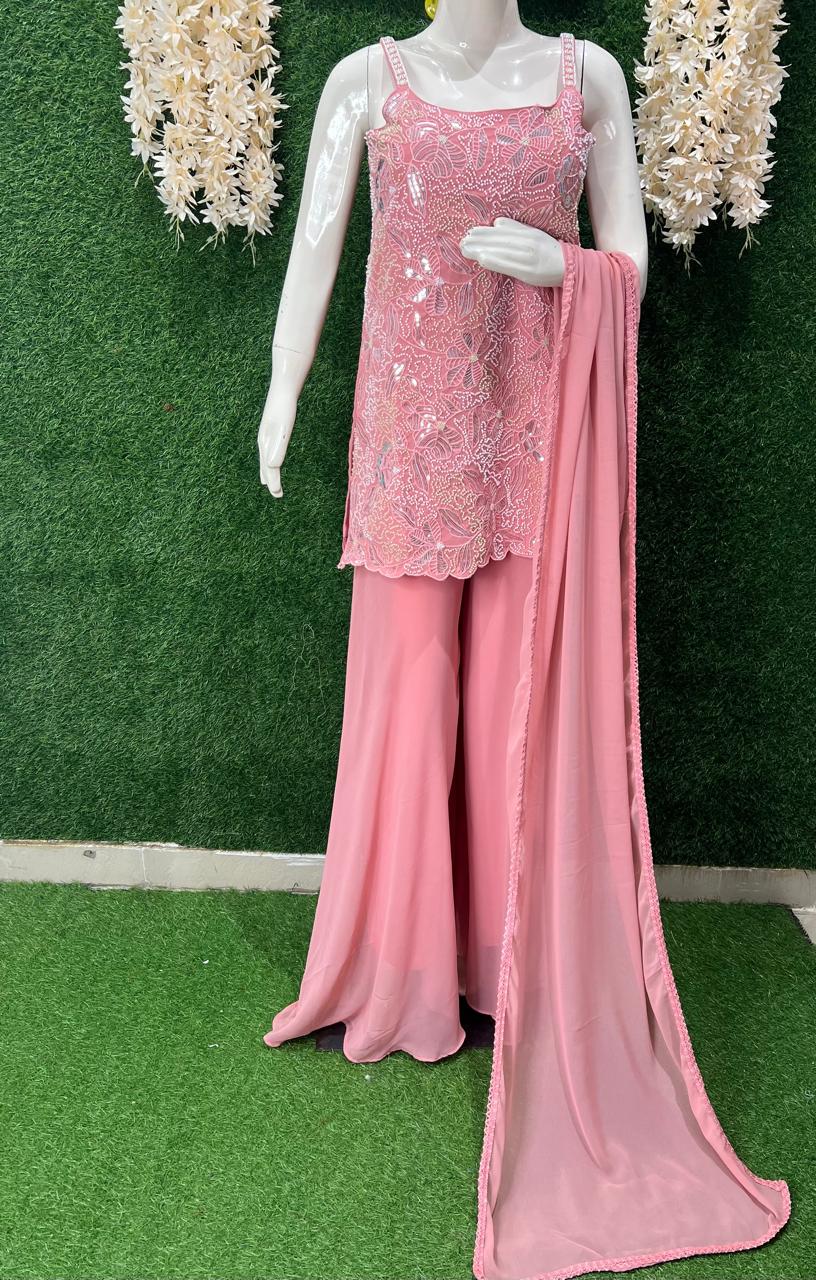 Pink Embroidery Strappy Kurti Palazzo Suit Set with Pearl & Sequin Work