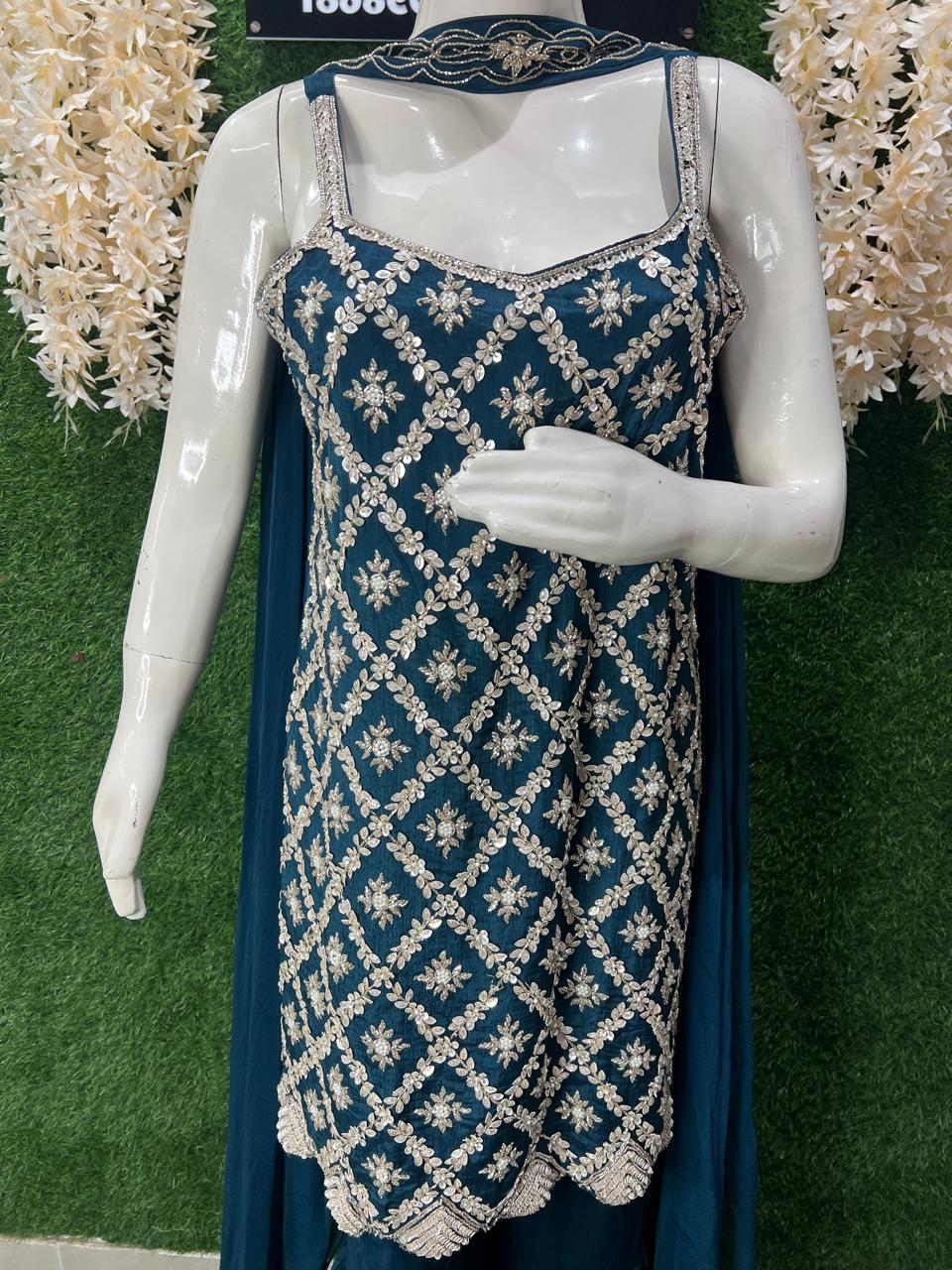 Readymade Sharara Suit with Sequin & Cutdana Embroidery Kurta and Choker Dupatta