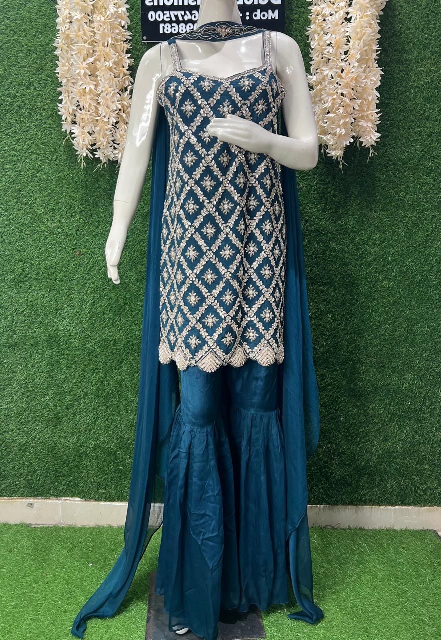 Readymade Sharara Suit with Sequin & Cutdana Embroidery Kurta and Choker Dupatta