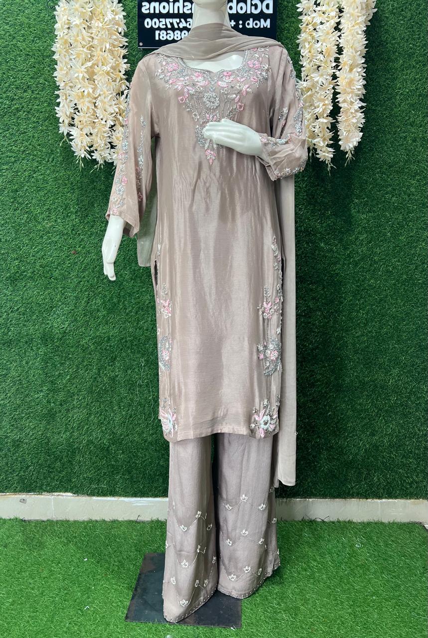 Kurta Palazzo Suit Set with Pearl, Cutdana & Sequin Work and Chiffon Dupatta