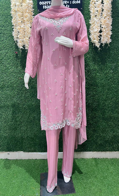 Chinnon Kurta Palazzo Suit Set with Pearl, Cutdana & Sequin Hand-Embroidery Work and Chiffon Dupatta