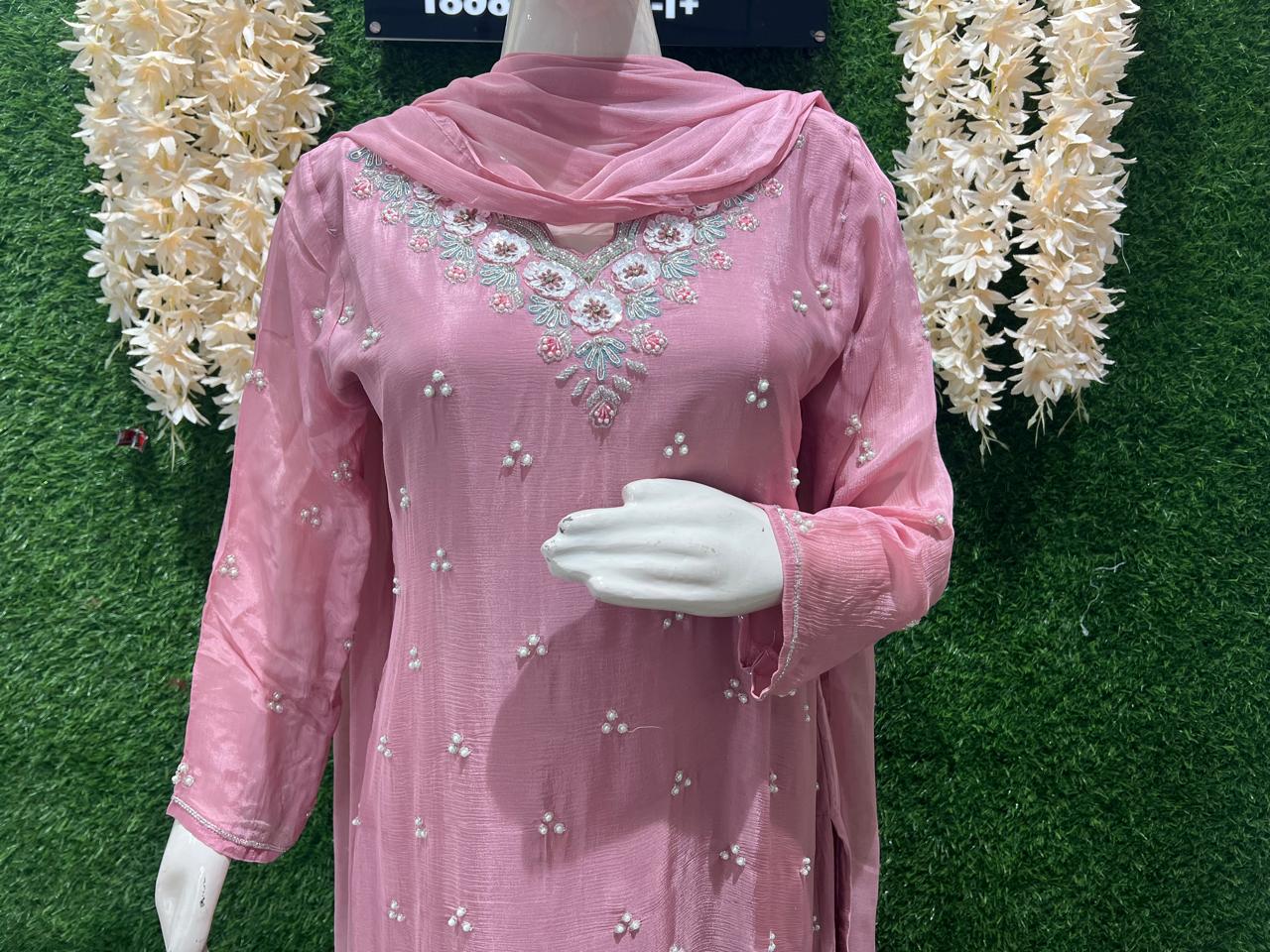 Chinnon Kurta Palazzo Suit Set with Pearl, Cutdana & Sequin Hand-Embroidery Work and Chiffon Dupatta