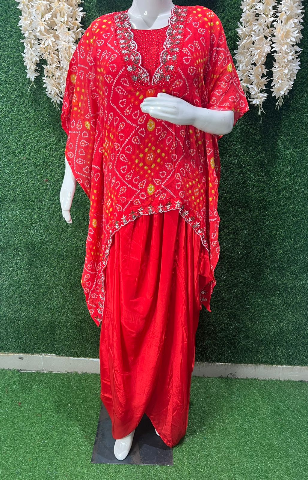 Red Bandhani Indo-Western Georgette Cowl Dress with Pearl, Cutdana & Sequin Work