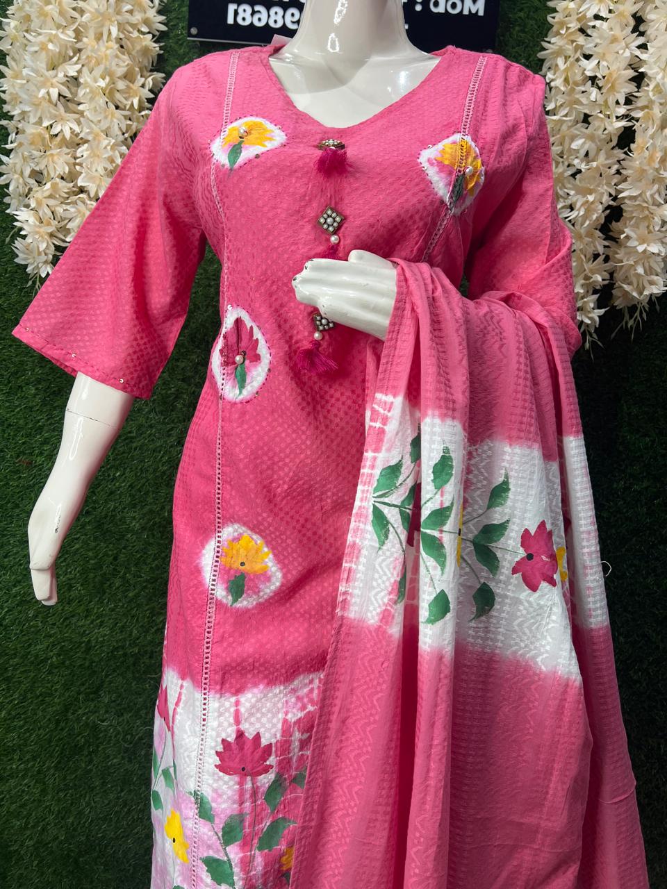 Cotton Dobby Hand-Brush Painted Kurta Pant Set with Dupatta
