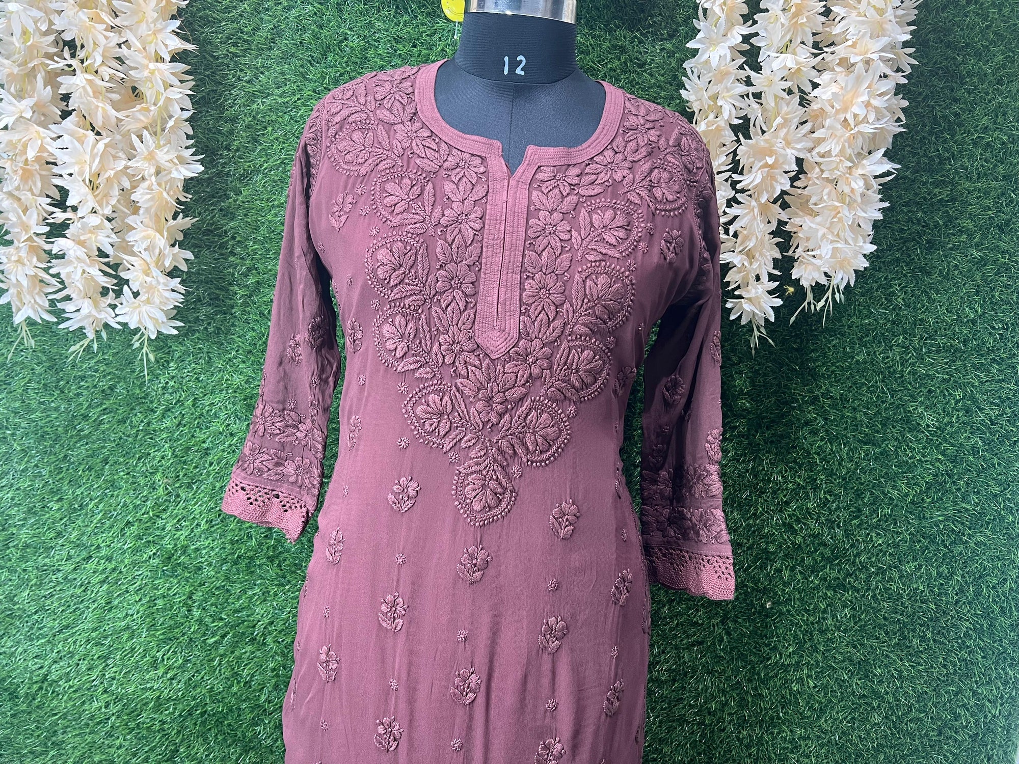 Lucknowi Chikankari Kurti – Viscose Georgette with Handwork & Lace