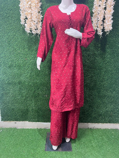 Lucknowi Chikankari Chanderi Co-Ord Set with Hand Embroidery