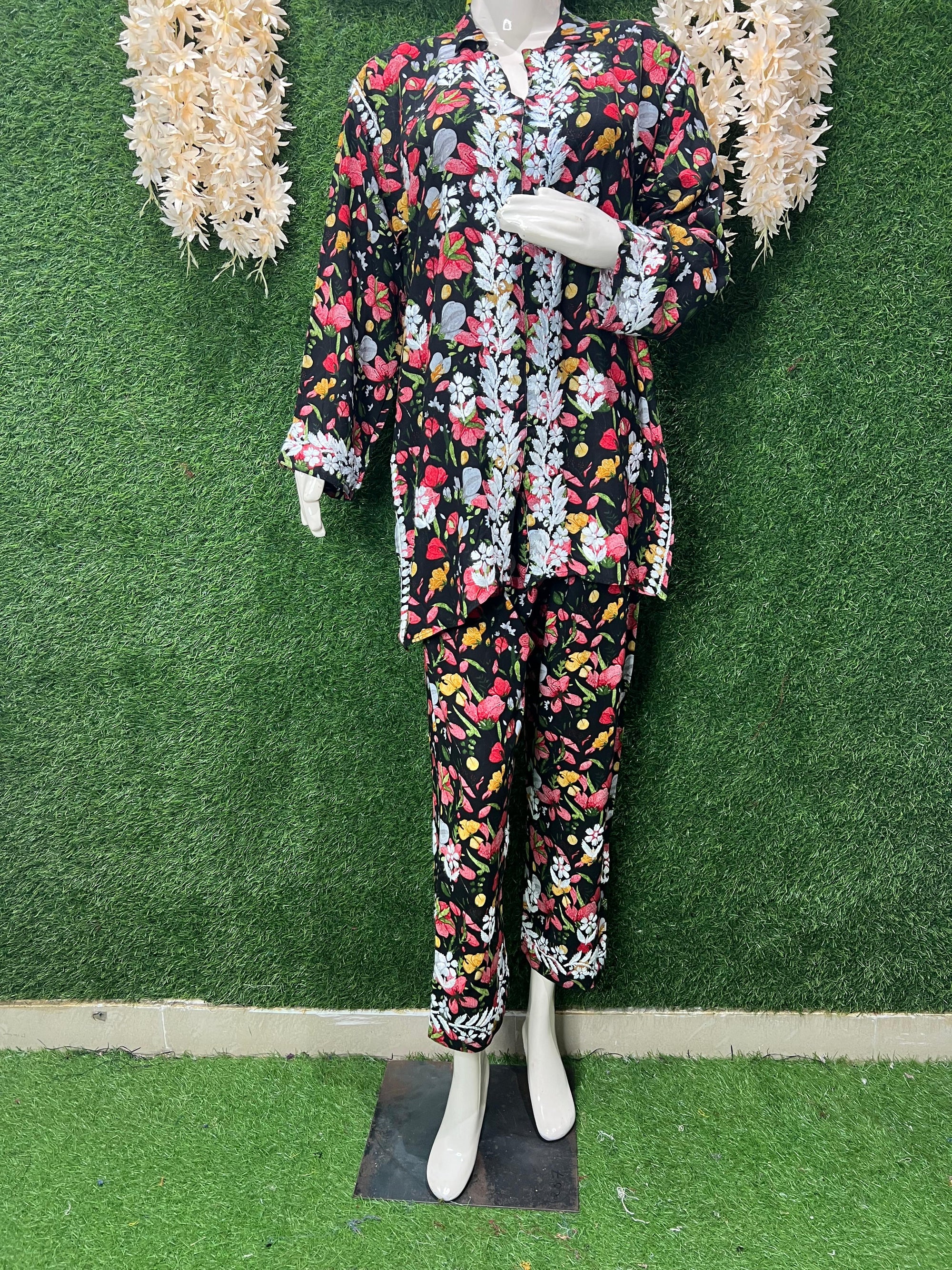 Lucknowi Chikankari Rayon Printed Kurti Set with Handwork