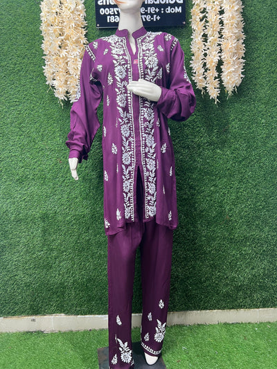 Lucknowi Chikankari Rayon Co-Ord Set with Hand Embroidery