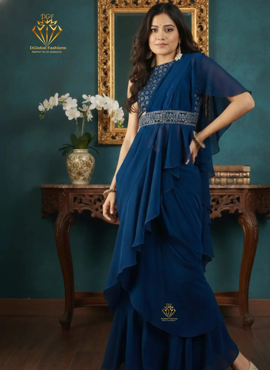 Printed Pre-Draped Saree with Stitched Blouse Ready-to-Wear Saree