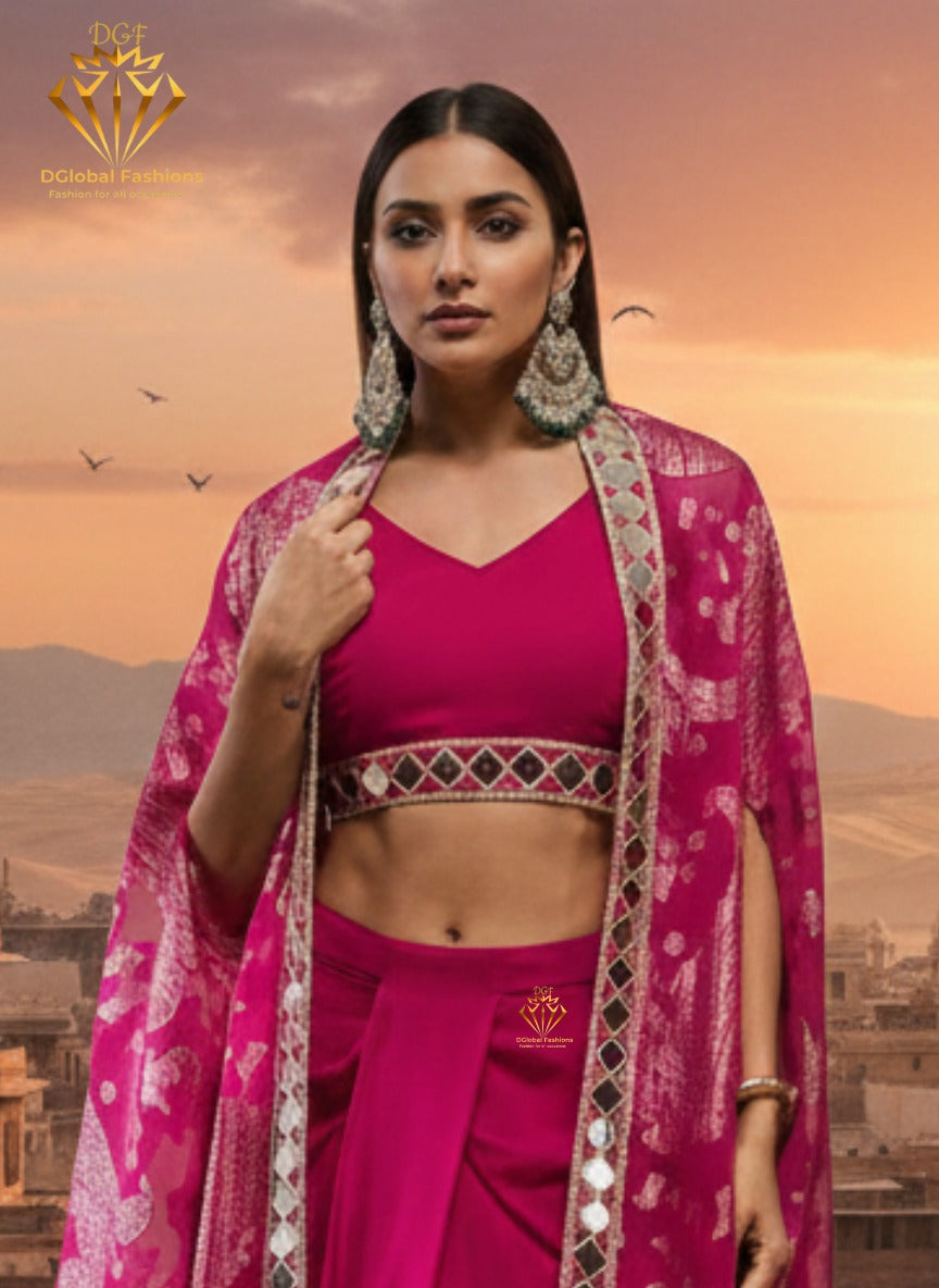 Crop Top With Drape Skirt and Shrug Set