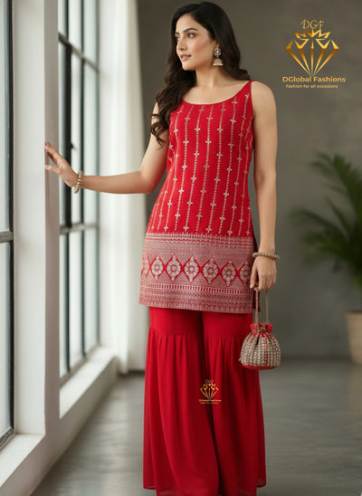 Red Kurti With Sharara Pants Set