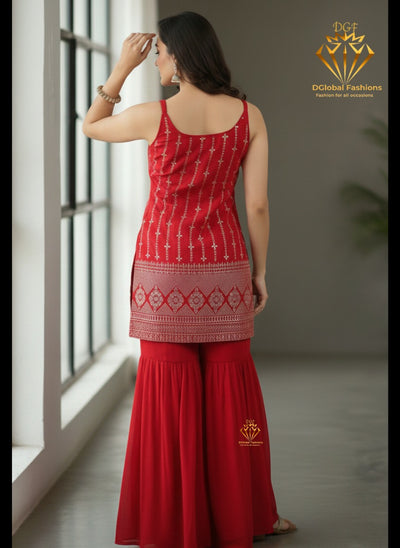 Red Kurti With Sharara Pants Set