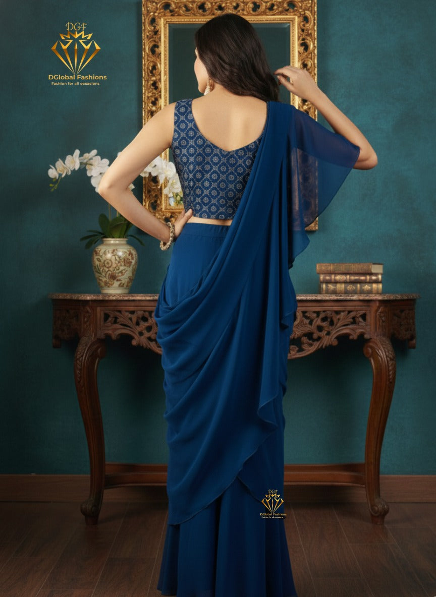 Printed Pre-Draped Saree with Stitched Blouse Ready-to-Wear Saree