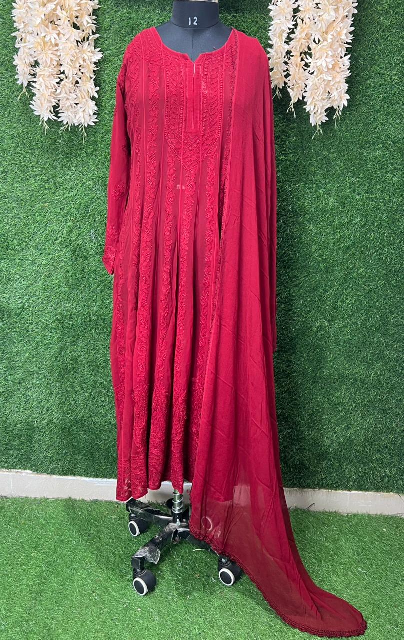 Lucknowi Chikankari Resham shadow work Anarkali in Georgette