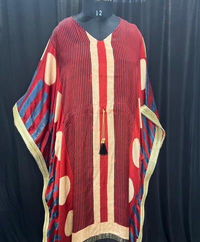 Pure Modal Silk Hand-Block Ajrakh Kaftan with Lagdi Patta Border & Lace Detailing