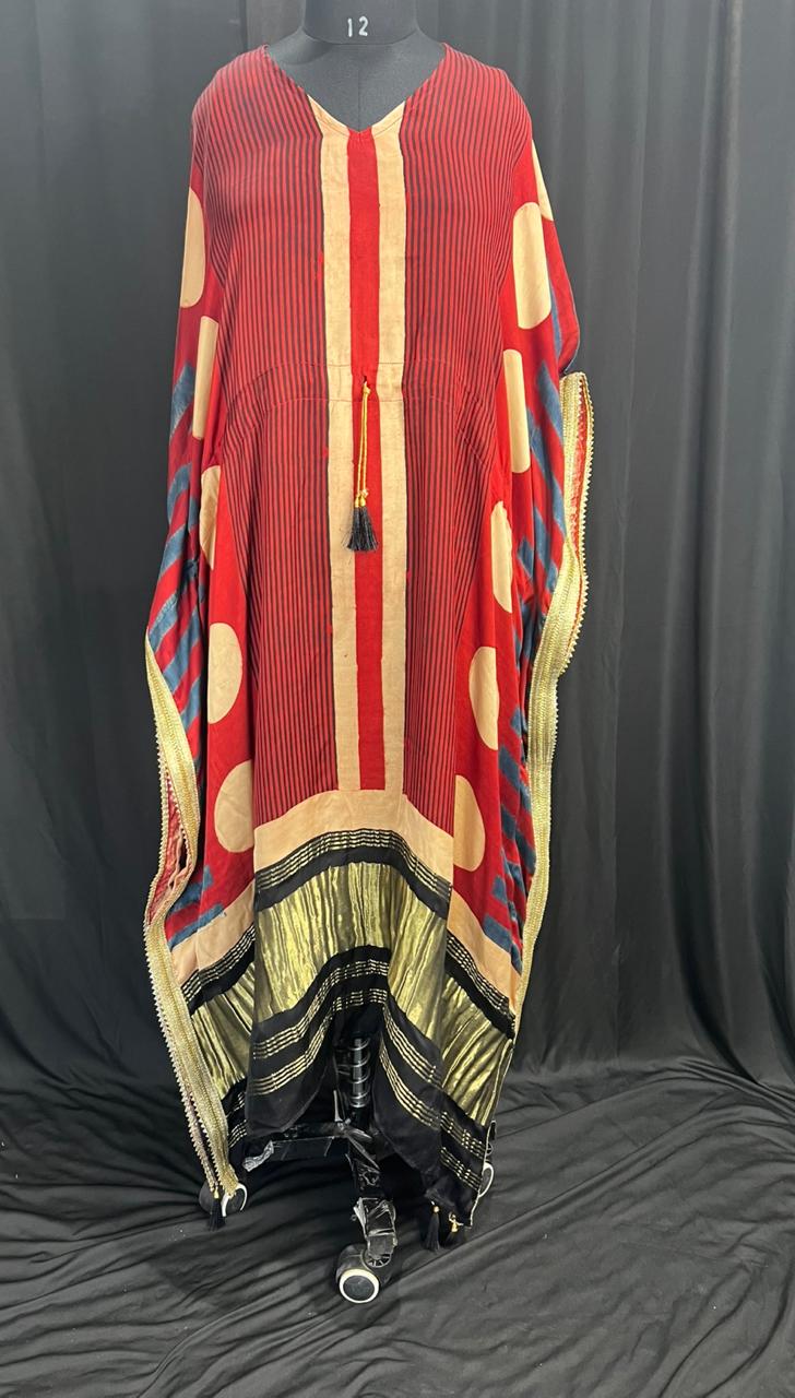 Pure Modal Silk Hand-Block Ajrakh Kaftan with Lagdi Patta Border & Lace Detailing