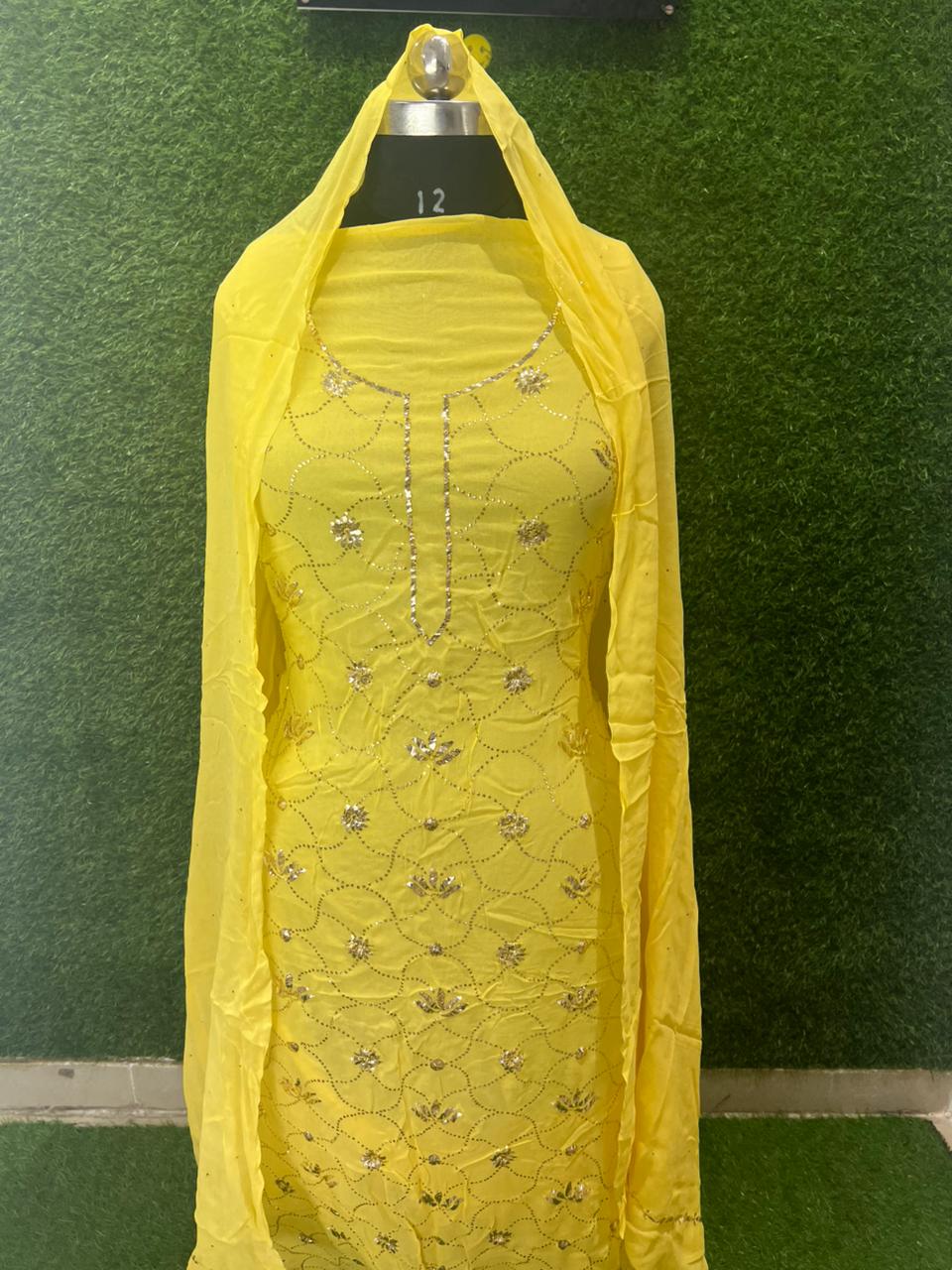 Lucknowi Chikankari Unstitched Kurta Dupatta Set with Handcrafted Mukaish Work