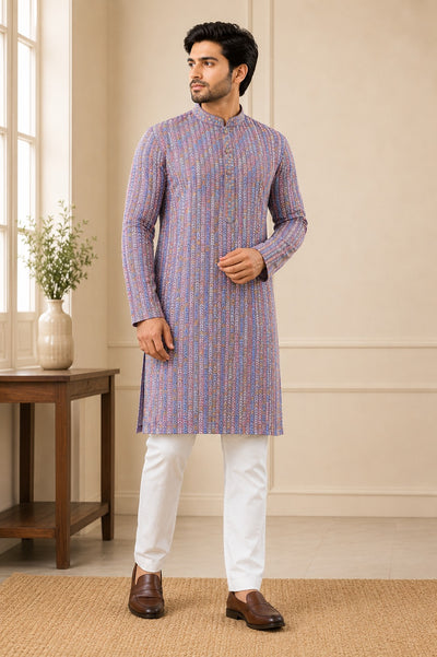 Multi-Color Sequin & Thread Embroidery Kurta with White Pajama ✨