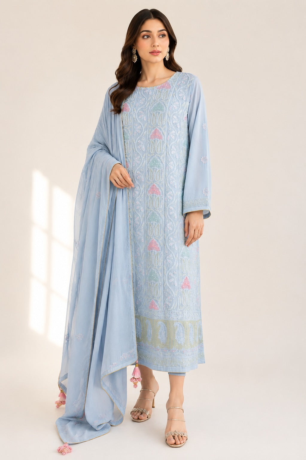 Lucknowi Chikankari Georgette 3-Piece Suit Set with Handcrafted Cutdana Embellishments