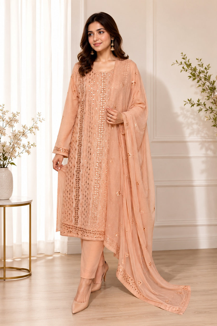 Lucknowi Chikankari Georgette 3-Piece Suit Set with Gota Patti & Pearl Handwork